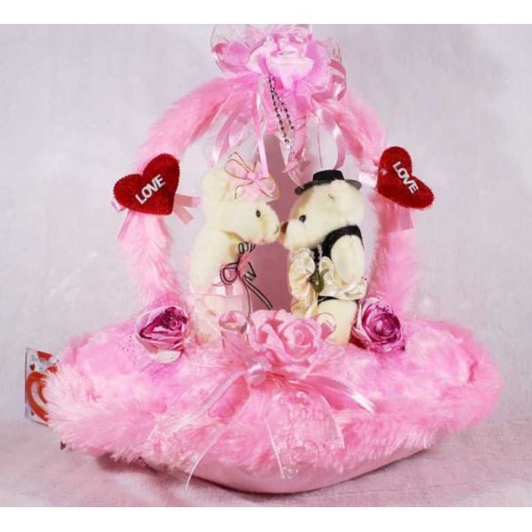 Cute Valentine Kissing Teddy Couple Bears on a Pink Handle Heart